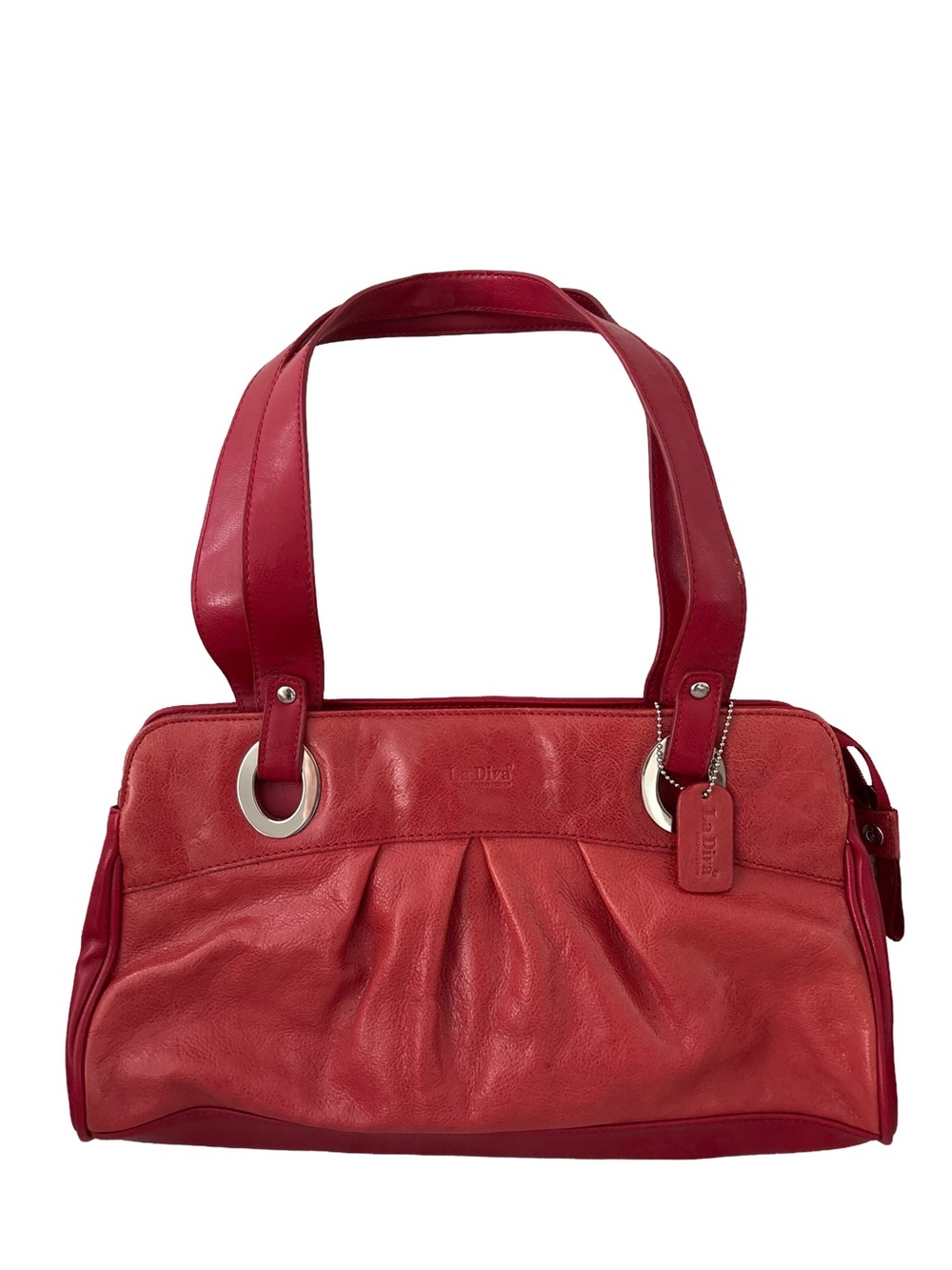 La Diva Vintage Red Leather Pleated Satchel Shoulder Bag Handbag